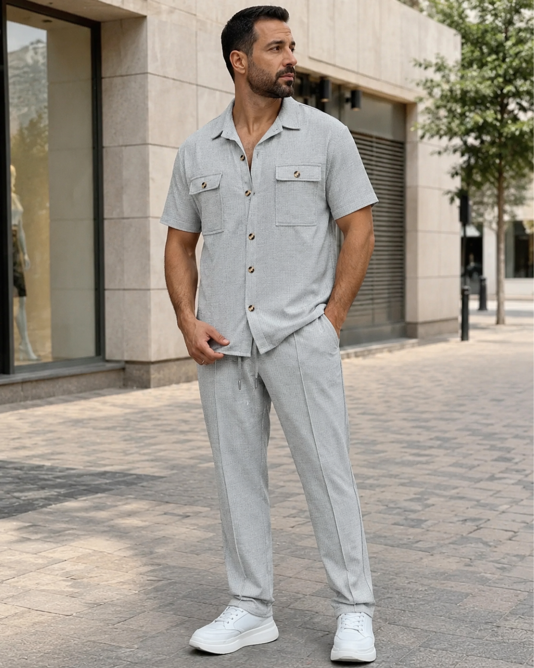 Conjunto informal de dos piezas en algodón y lino para hombre