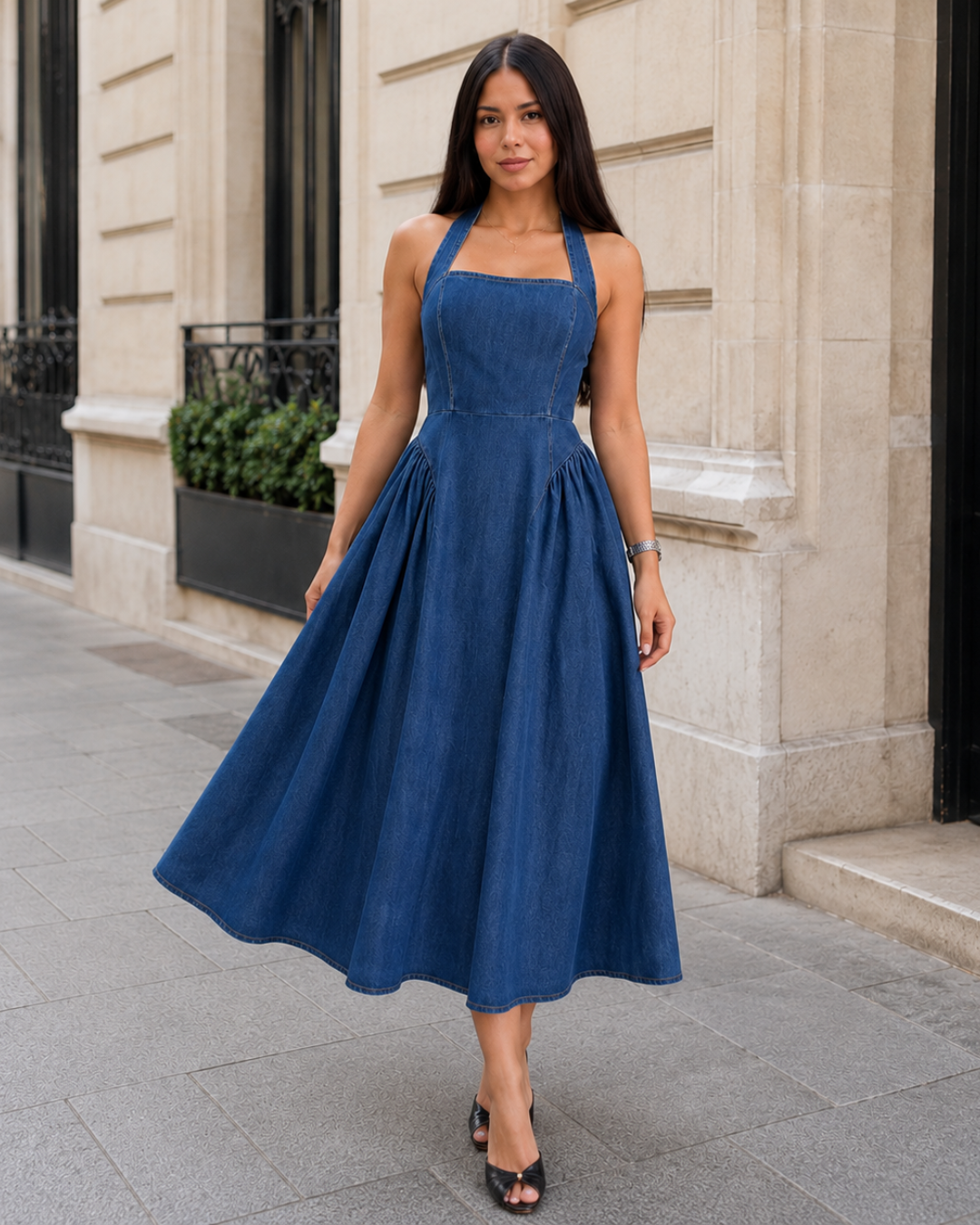 Vestido Midi Denim con Falda Amplia®