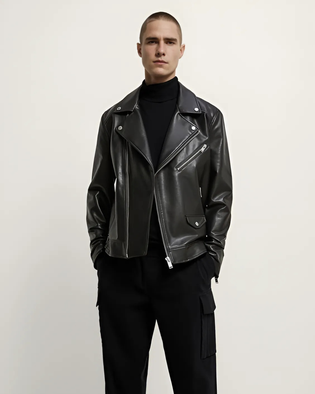 Chaqueta Clásica de Cuero con Solapa para Hombres