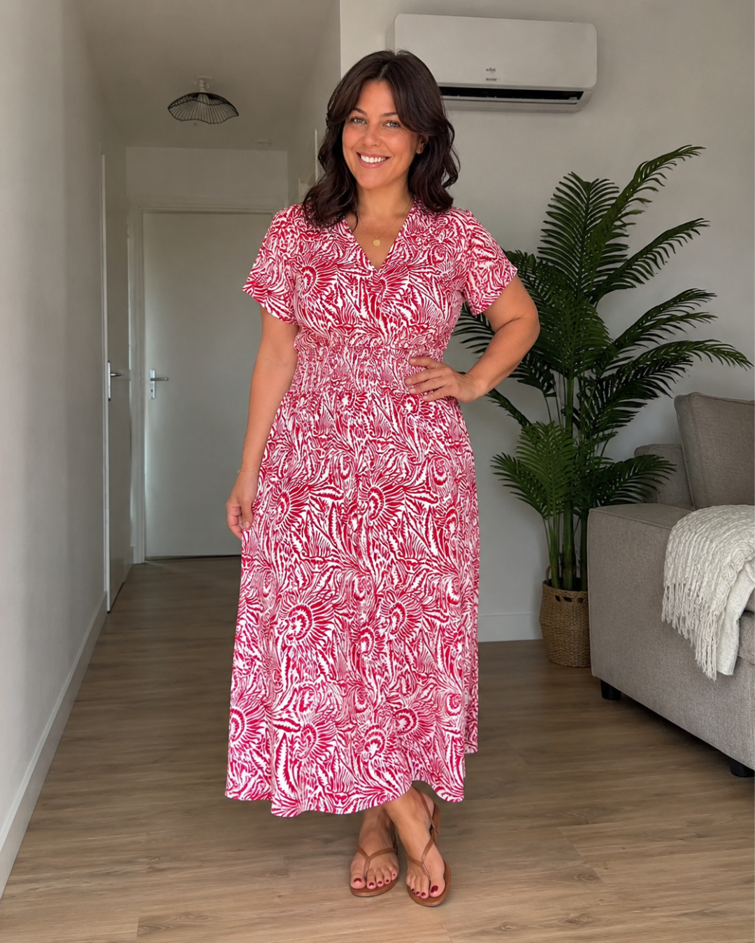 Vestido Largo Estampado con Cintura Elástica y Escote en V