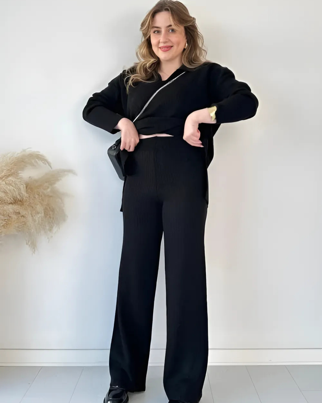 Conjunto de Suéter Informal Holgado de Punto de Manga Larga y Pantalón Ancho
