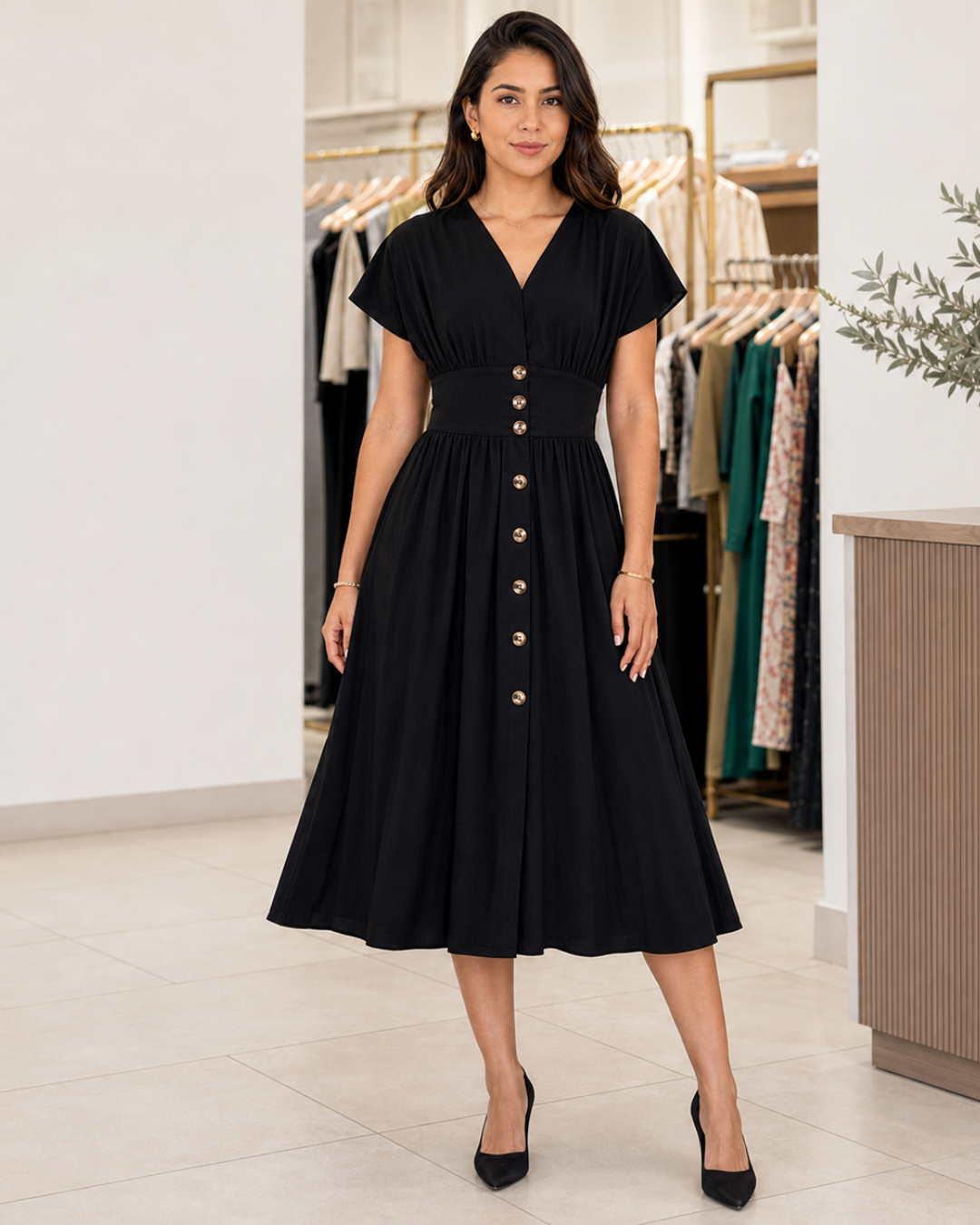 Vestido midi con cintura fruncida®