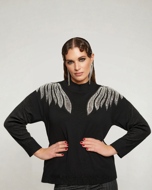 Jersey de Punto de Cuello Alto con Aplicación Brillante en los Hombros para Mujer®