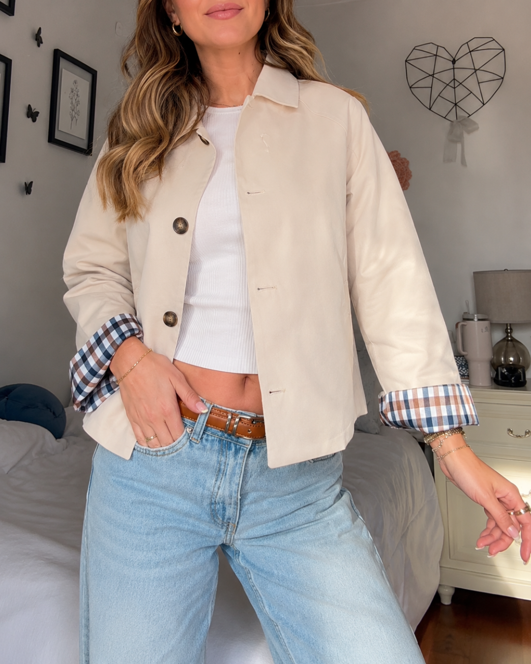 Chaqueta Corta Casual Elegante con Puños de Cuadros