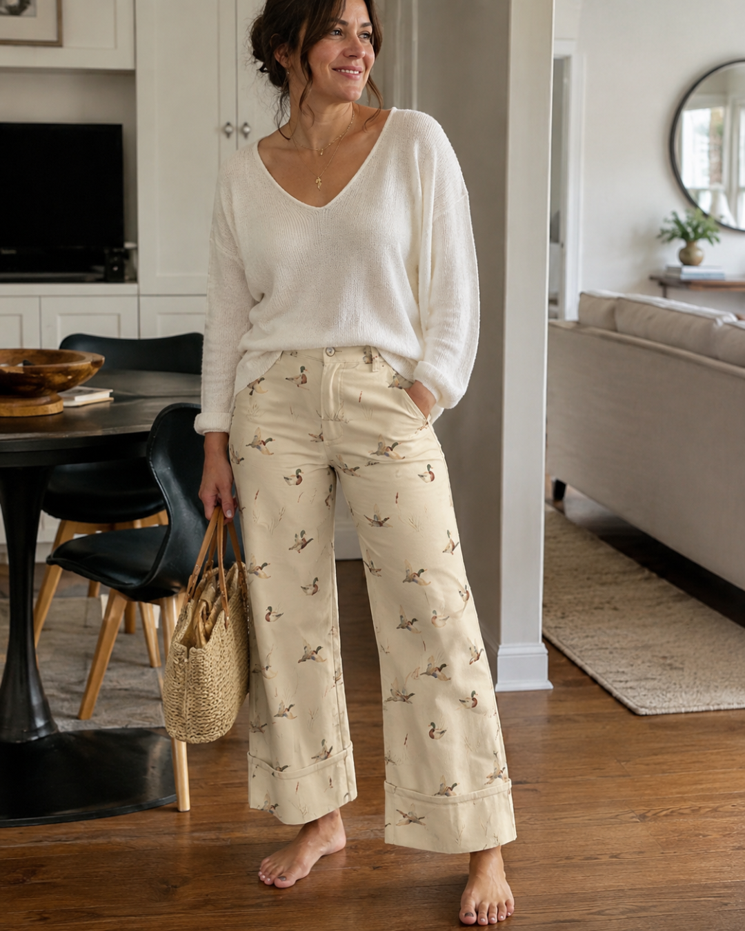 Pantalones de Corte Recto Estampados con Cintura Favorecedora