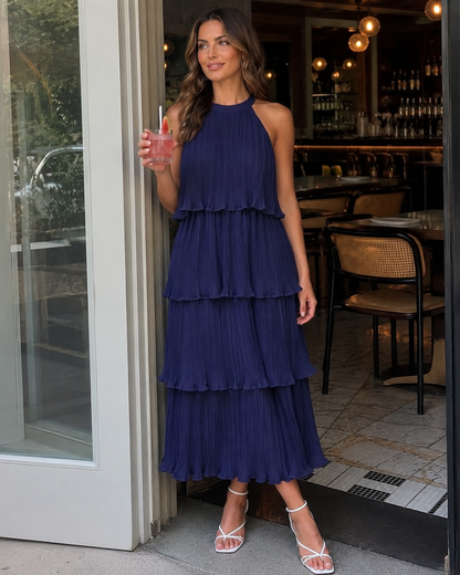 Vestido Midi Plegado con Cuello Halter®