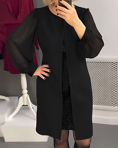 Vestido Midi Elegante con Detalles en Malla y Adornos