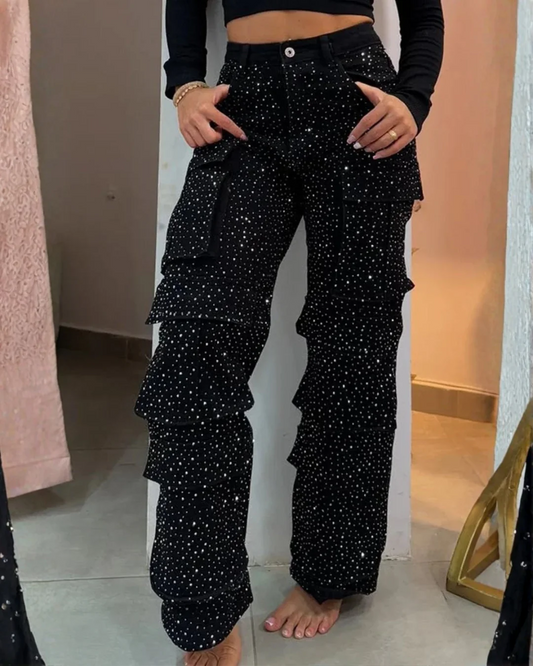 Jeans cargo con pedrería para mujer