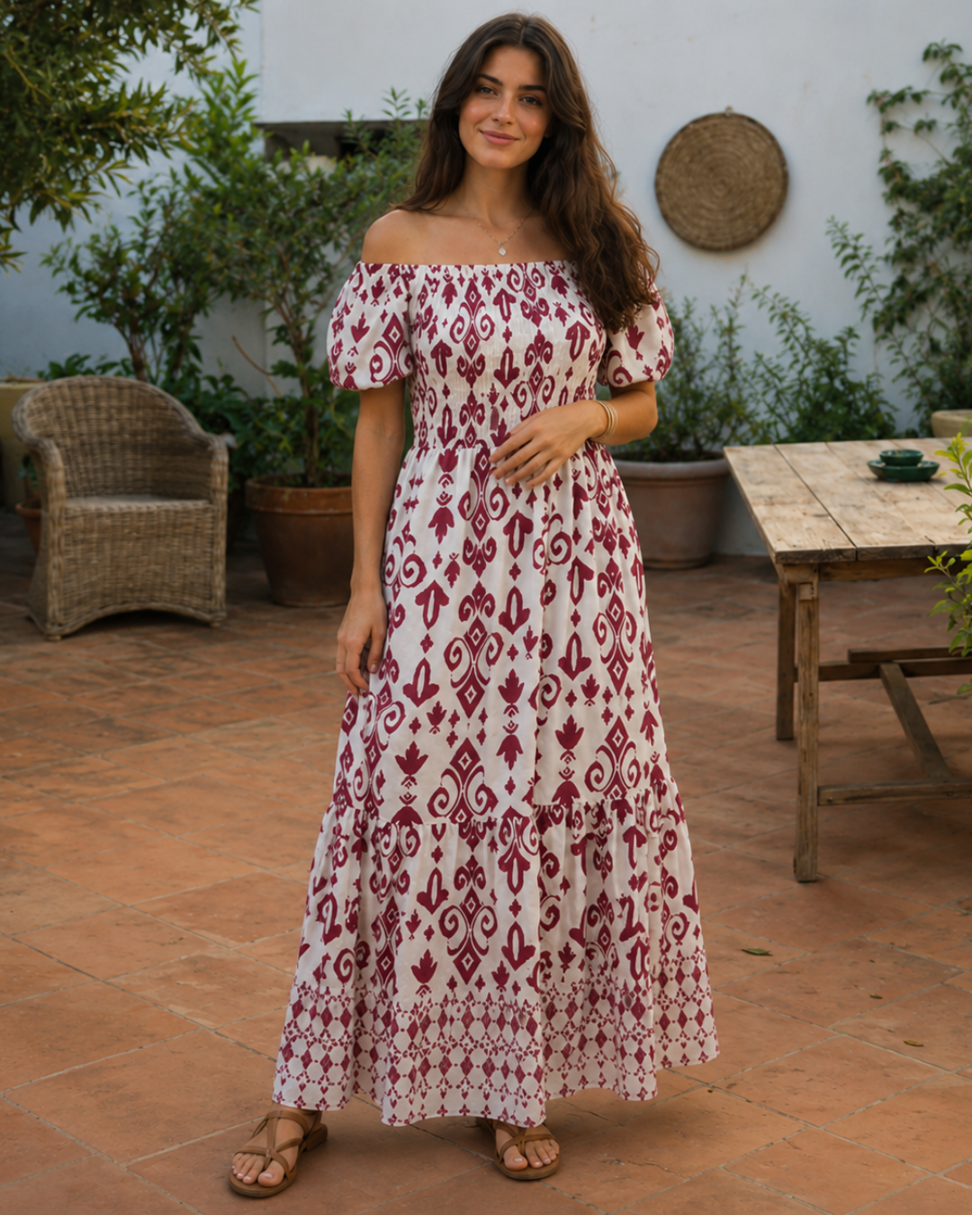 Vestido Largo Estampado con Escote Bardot®