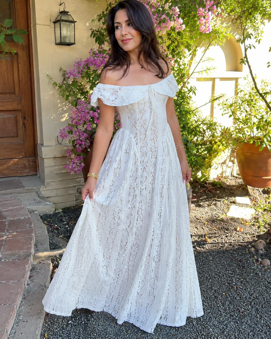 Vestido Largo de Encaje con Escote Bardot y Falda Fluida®