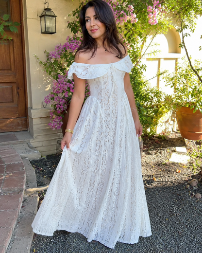 Vestido Largo de Encaje con Escote Bardot y Falda Fluida®
