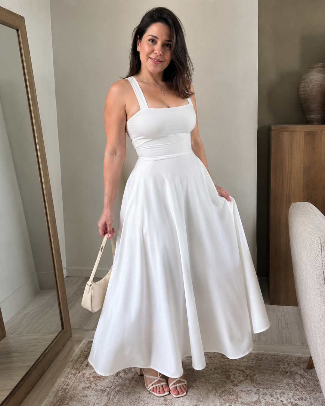 Vestido Midi de Tirantes con Cintura Marcada y Falda Evasé®