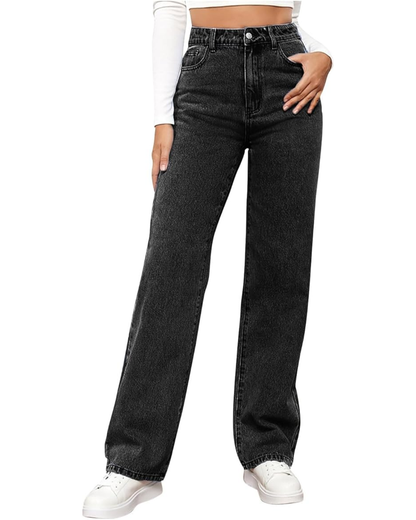 Pantalones elásticos de mezclilla con cintura alta y pierna ancha para mujer®