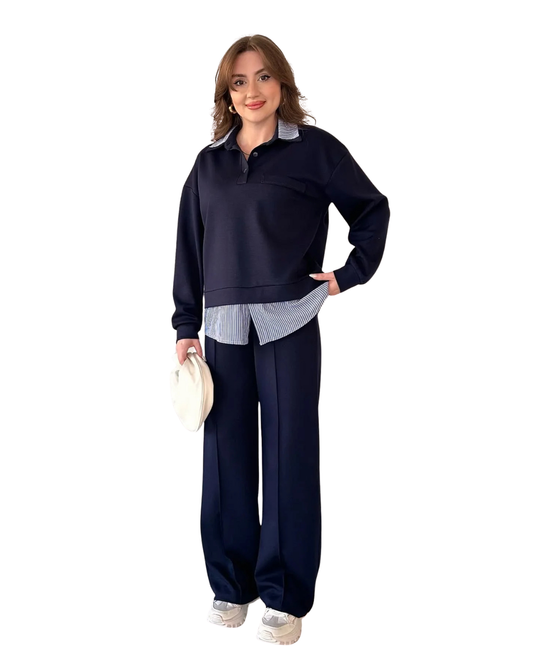 Conjunto Elegante con Efecto Doble Capa y Pantalón Recto