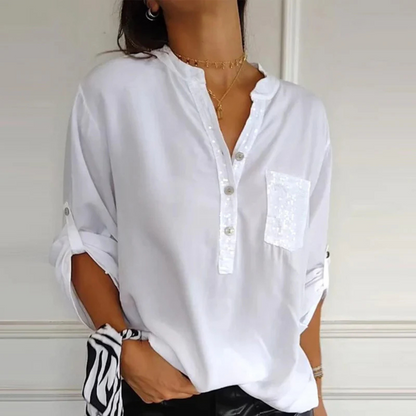 Camisa casual de Manga Larga para Mujer con Bolsillo y Detalles de Lentejuelas®