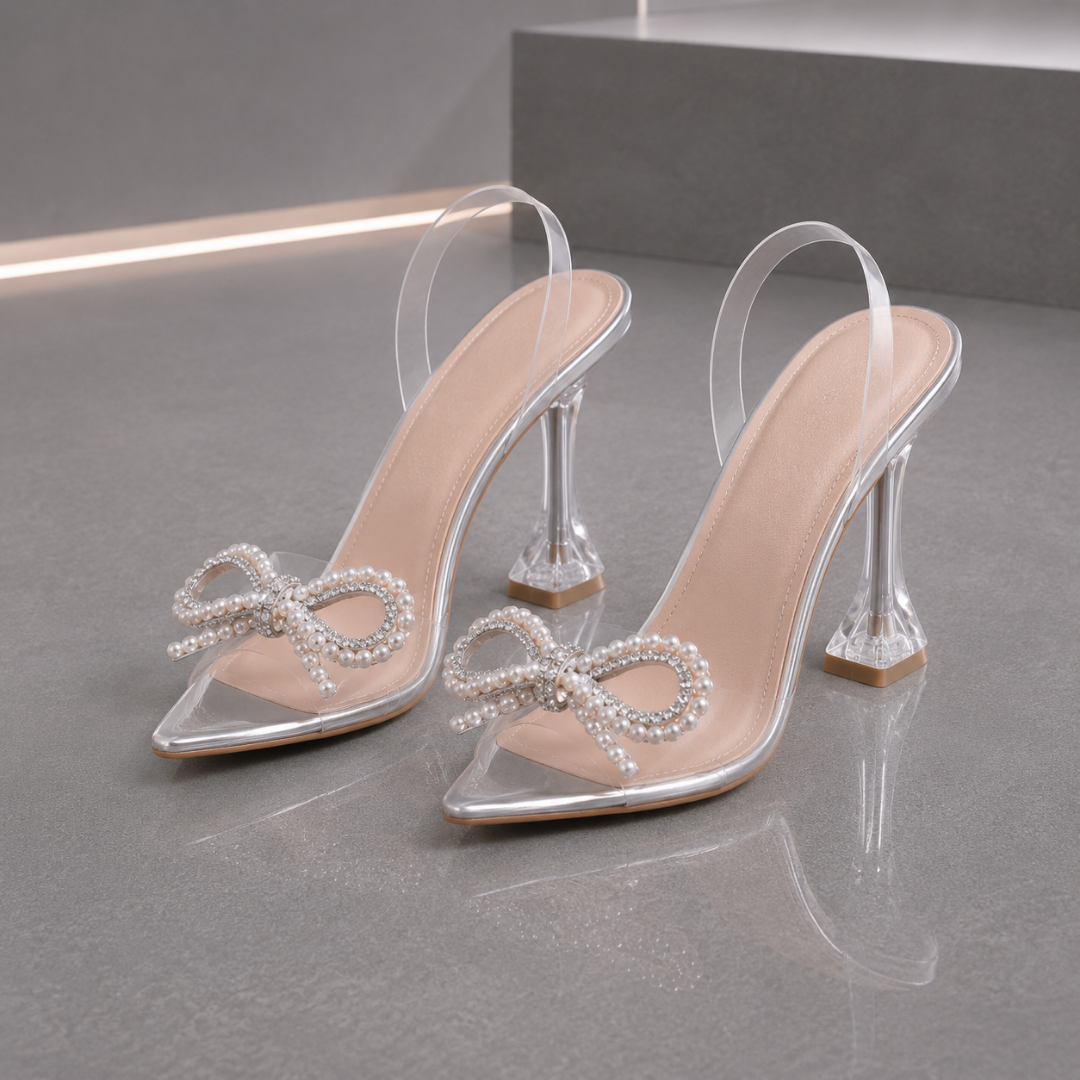 Sandalias Transparentes de Tacón con Lazo Brillante