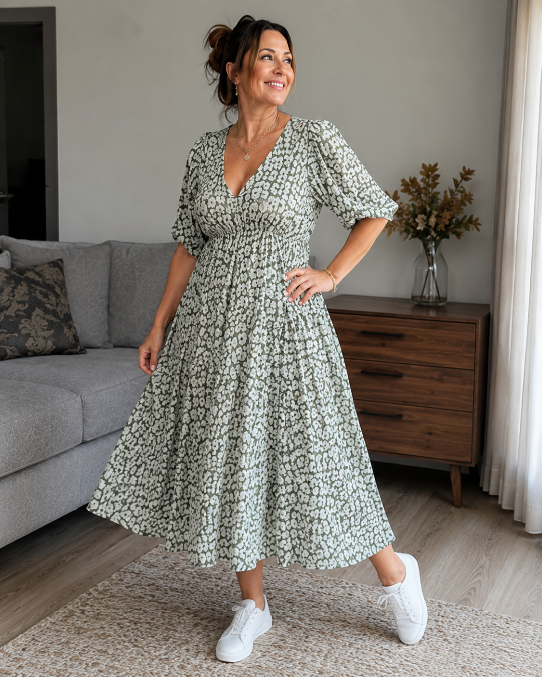 Vestido Estampado de Temporada con Cuello en V