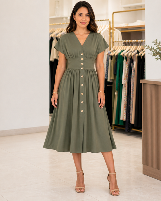 Vestido midi con cintura fruncida®