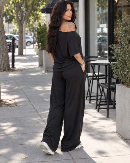 Conjunto Fluido de Hombro Descubierto y Pantalón de Pierna Ancha®