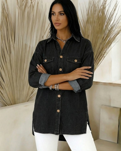 Camisa de Mezclilla con Corte Holgado y Manga Larga Para Mujer®