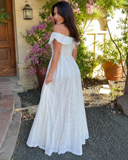 Vestido Largo de Encaje con Escote Bardot y Falda Fluida®