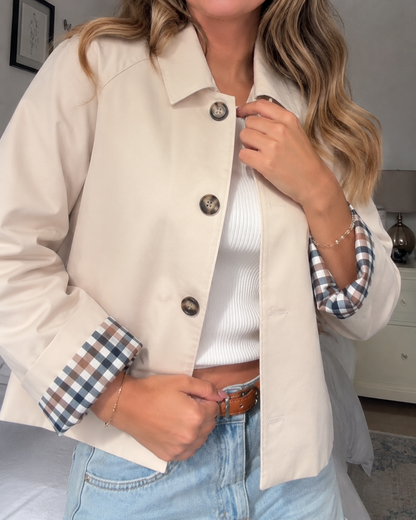 Chaqueta Corta Casual Elegante con Puños de Cuadros