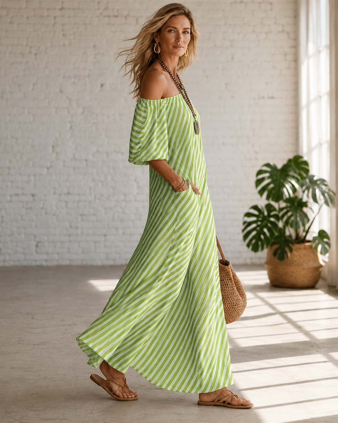 Vestido Largo de Rayas con Escote Asimétrico®
