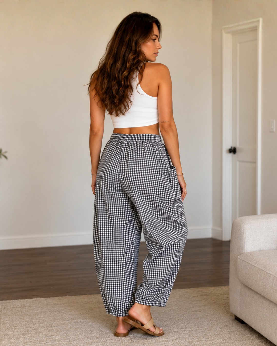 Pantalón Bombacho de Cuadros con Cintura Ajustable