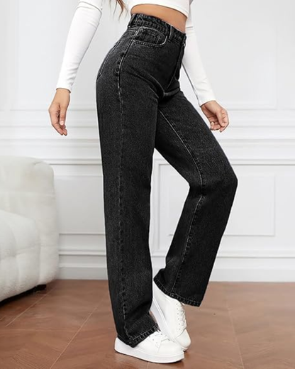 Pantalones elásticos de mezclilla con cintura alta y pierna ancha para mujer®