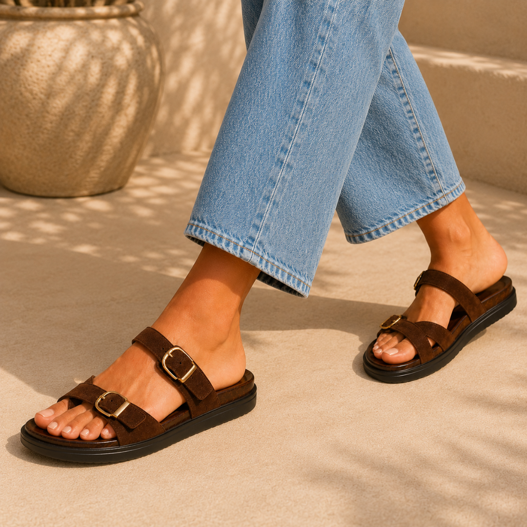 Sandalias Planas con Doble Hebilla y Tira de Dedo