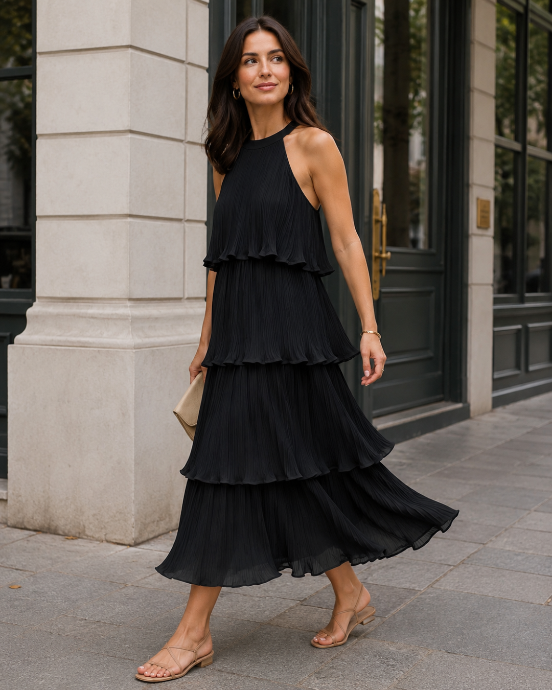 Vestido Midi Plegado con Cuello Halter®