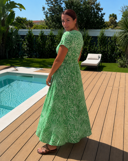 Vestido Largo Estampado con Cintura Elástica y Escote en V