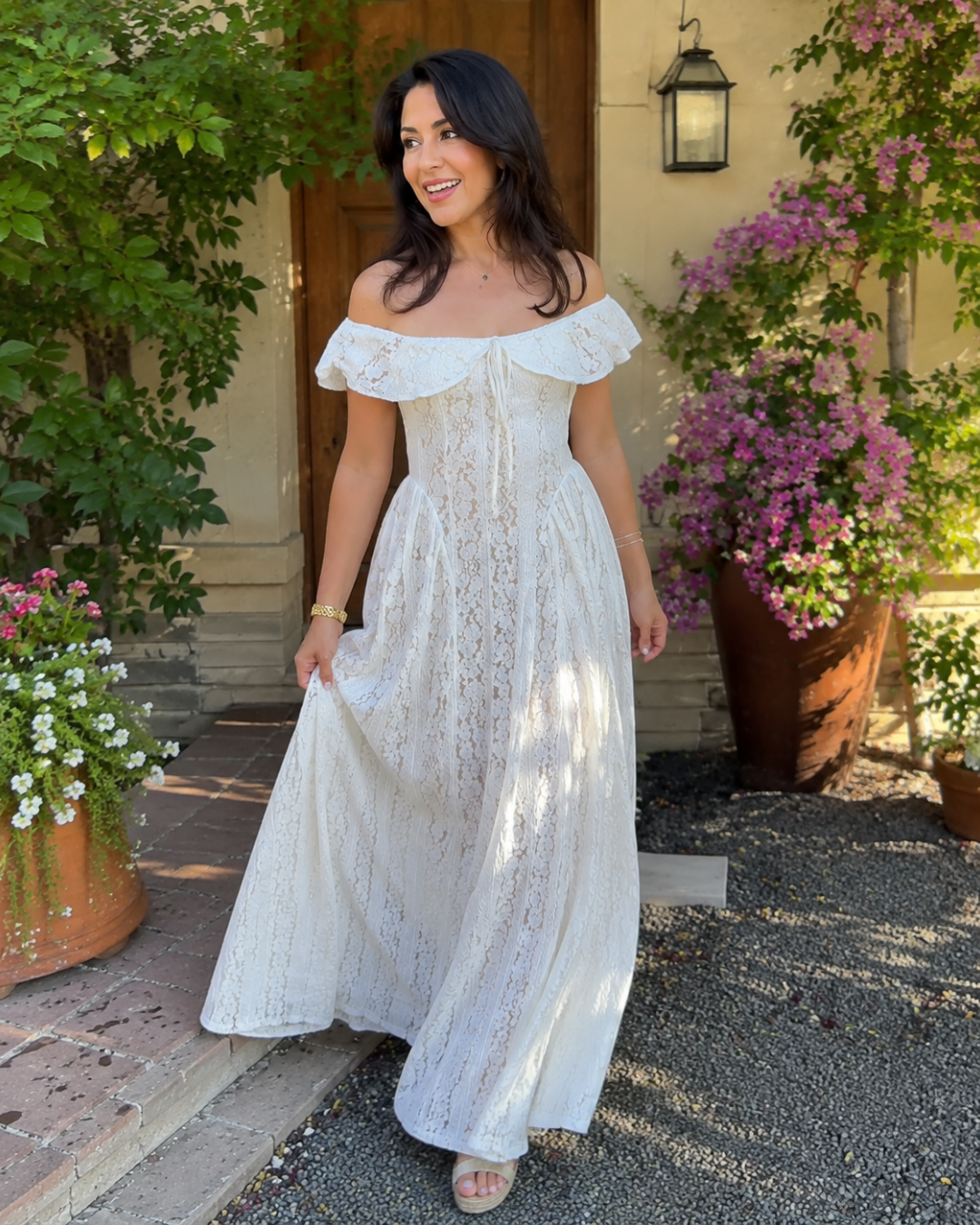 Vestido Largo de Encaje con Escote Bardot y Falda Fluida®