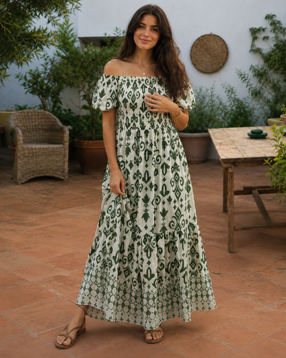 Vestido Largo Estampado con Escote Bardot®