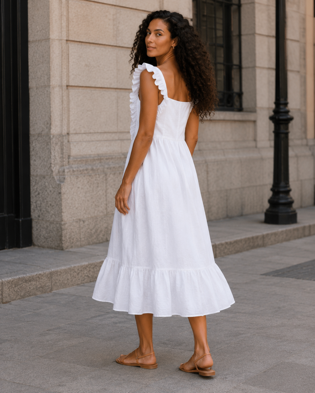Vestido Midi con Volantes y Escote Cuadrado