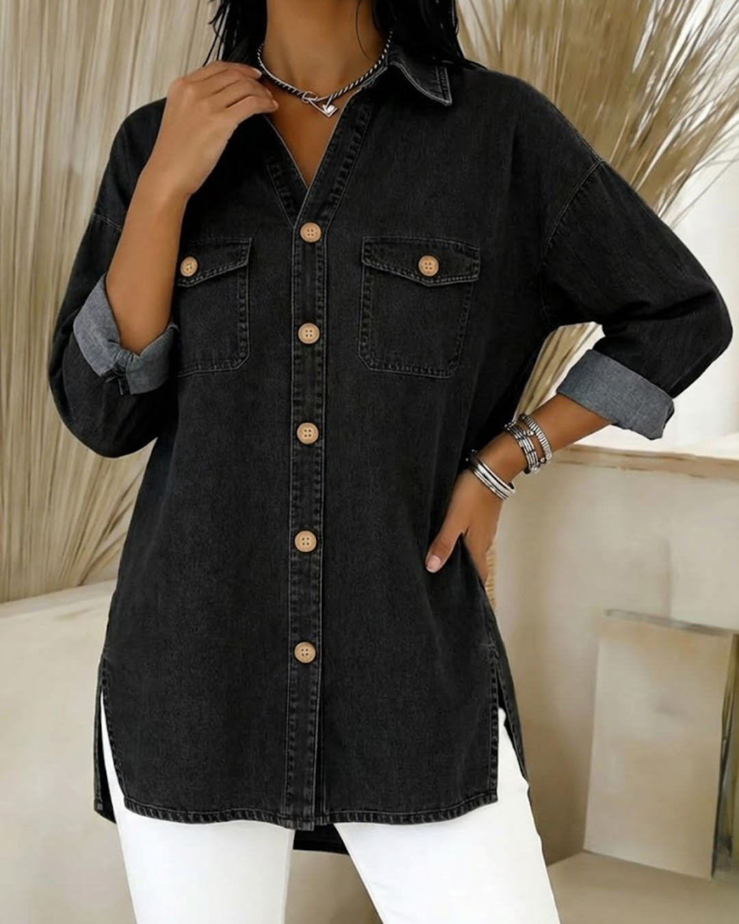 Camisa de Mezclilla con Corte Holgado y Manga Larga Para Mujer®