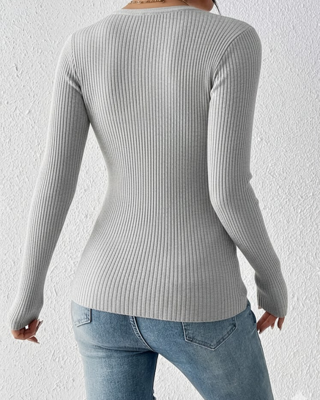 Top de Punto Acanalado de Manga Larga con Escote en V para Mujer®