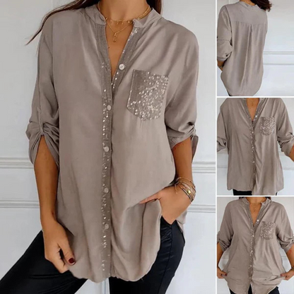 Camisa casual de Manga Larga para Mujer con Bolsillo y Detalles de Lentejuelas®
