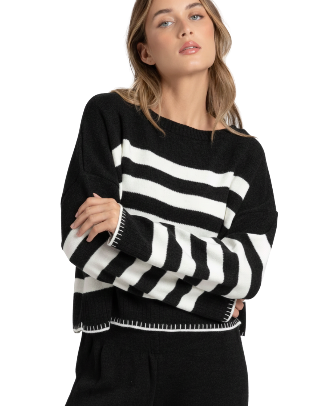 Conjunto de punto suave con rayas para mujer