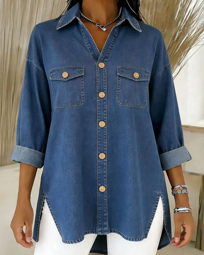 Camisa de Mezclilla con Corte Holgado y Manga Larga Para Mujer®
