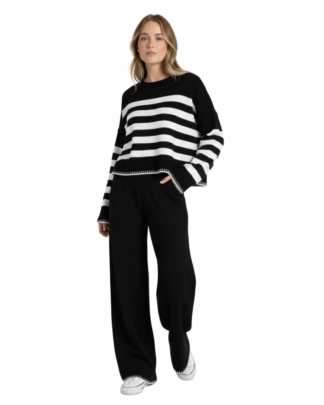 Conjunto de punto suave con rayas para mujer