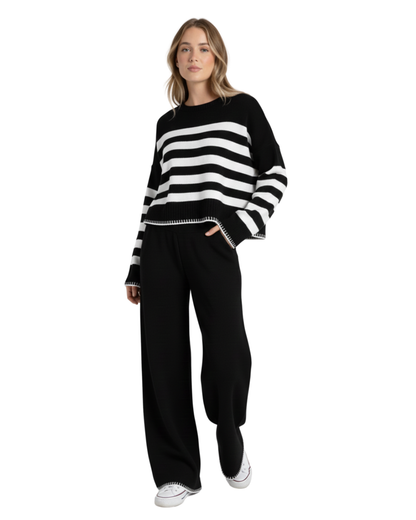 Conjunto de punto suave con rayas para mujer