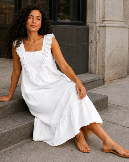 Vestido Midi con Volantes y Escote Cuadrado