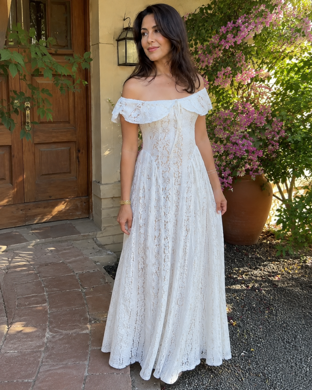 Vestido Largo de Encaje con Escote Bardot y Falda Fluida®