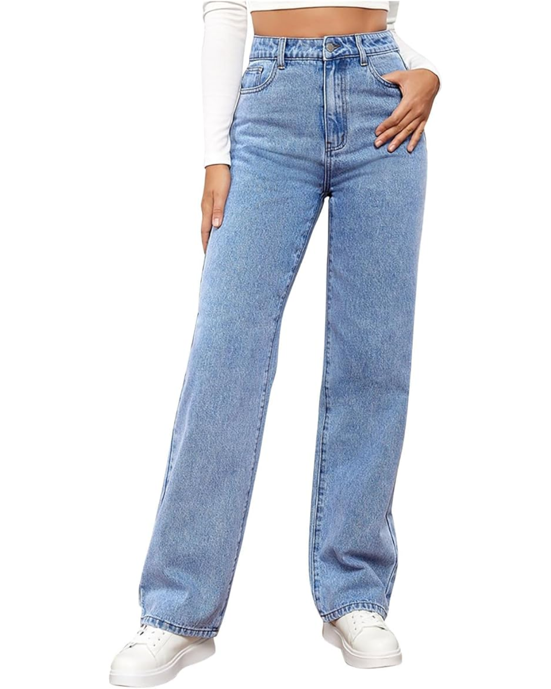 Pantalones elásticos de mezclilla con cintura alta y pierna ancha para mujer®