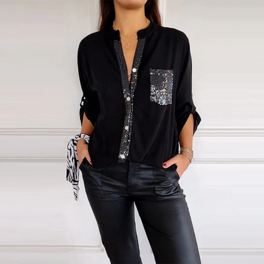Camisa Casual de Manga Larga para Mujer con Bolsillo y Detalles de Lentejuelas