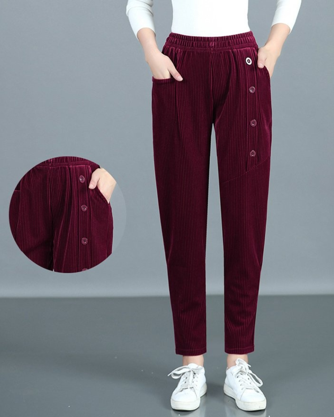 Pantalones de Terciopelo con Botones Decorativos para mujer