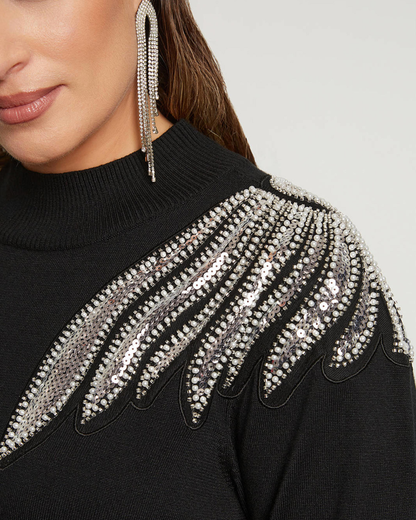 Jersey de Punto de Cuello Alto con Aplicación Brillante en los Hombros para Mujer®