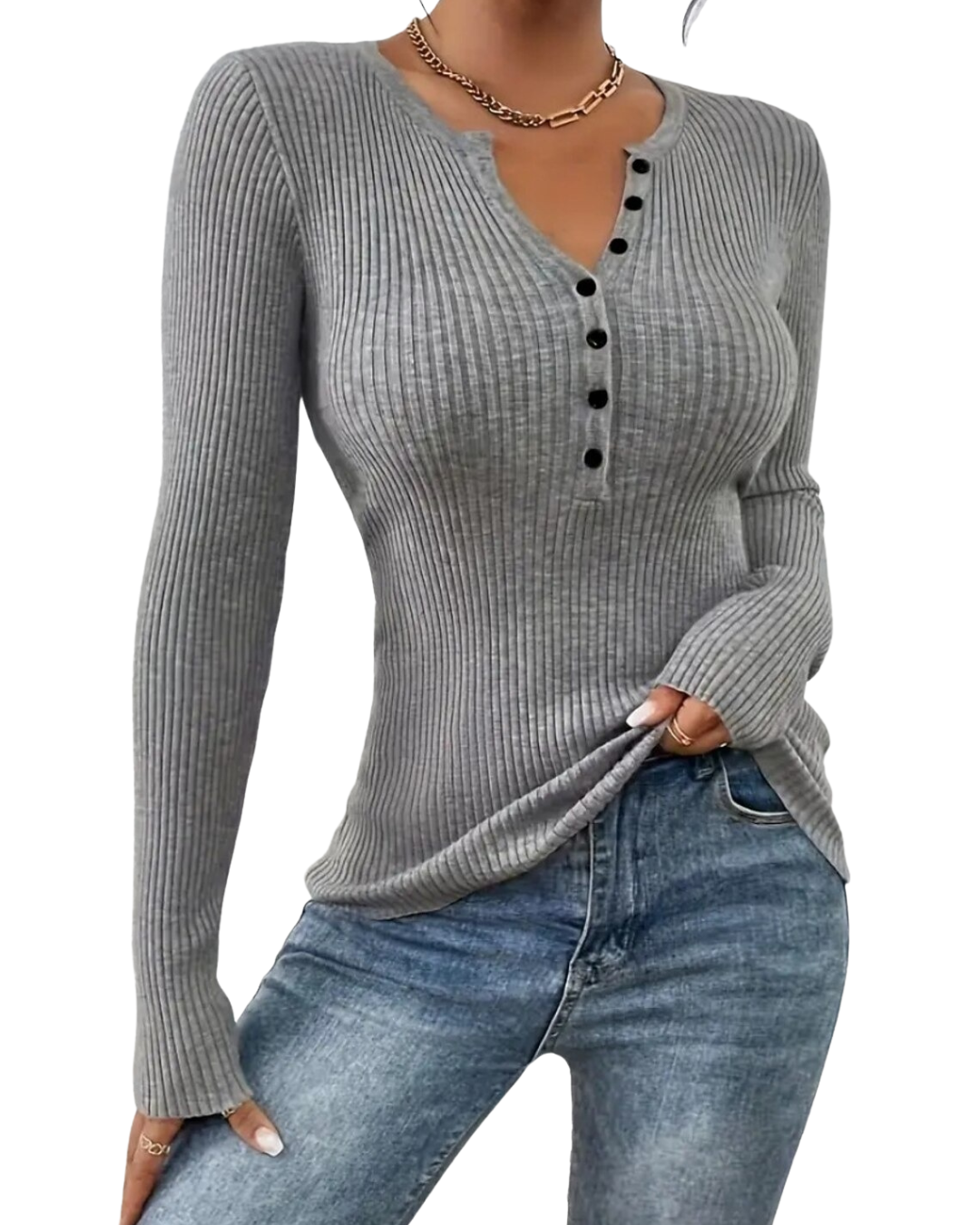 Top de Punto Acanalado de Manga Larga con Escote en V para Mujer®