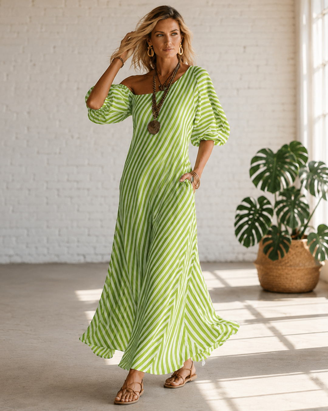 Vestido Largo de Rayas con Escote Asimétrico®